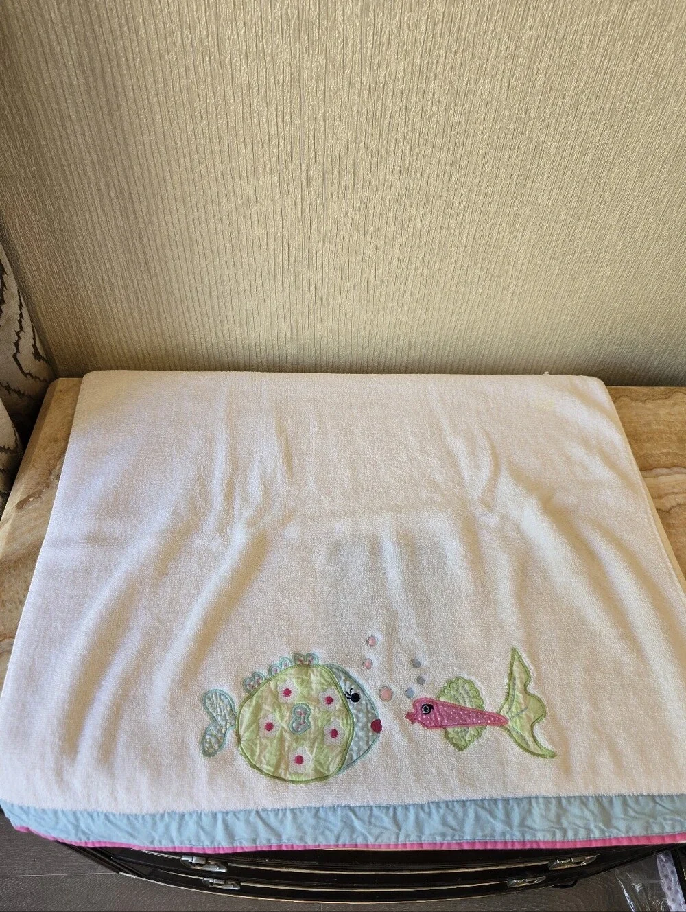 Pottery Barn Kids Fish Embroidered Bath Mat Towel Set in Yellow, Blue & Pink